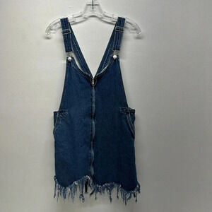 Zara Overalls Dress Denim Mini Raw Hem Front Full Zip Sleeveless Blue Size Small
